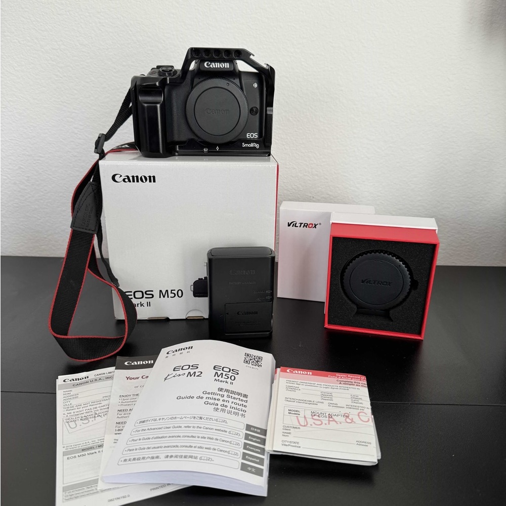 Canon m50 mark ii mirrorless camera, Viltrox EF adapter, small rig cage
